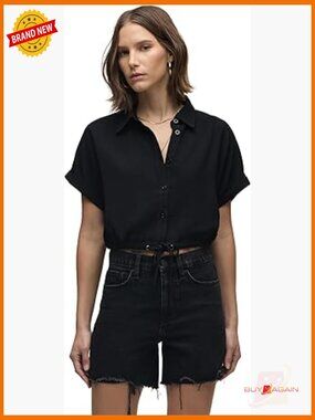 Relaxed Fit Drawstring Button Down Short Sleeve Shirt, Polyester